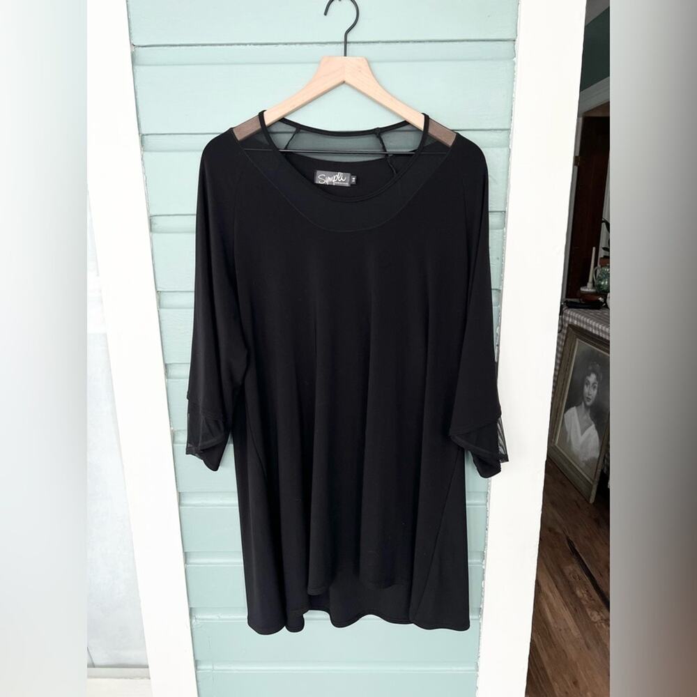 Sympli black jersey knit tunic top mesh trim size 14
